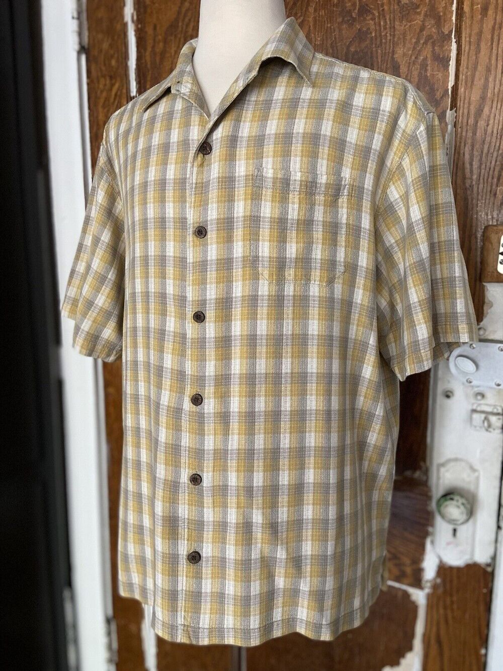 TOMMY BAHAMA Yellow/Gray Plaid Silk Camp Shirt sz XL